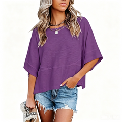Zyrall Women's Loose-Fit Color-Block T-Shirt with Crew Neck and Elbow-Length Flared Sleeves