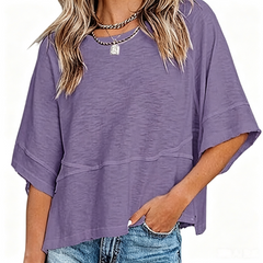 Zyrall Women's Loose-Fit Color-Block T-Shirt with Crew Neck and Elbow-Length Flared Sleeves