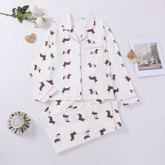 Zyrall Cute puppy Printed collared long-sleeved trousers women's pajama set