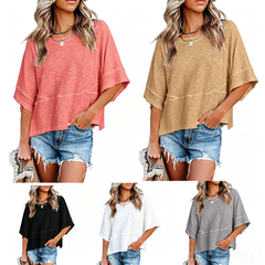 Zyrall Women's Loose-Fit Color-Block T-Shirt with Crew Neck and Elbow-Length Flared Sleeves