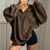 Zyrall Women's Casual Leopard Print Corduroy Zip-Up Sweatshirt