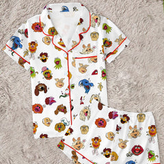 Zyrall Sesame Street cartoon print multi-color casual lapel women's pajama set