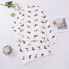 Zyrall Cute puppy Printed collared long-sleeved trousers women's pajama set