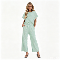 Zyrall Women's Short-Sleeve Striped Crew-Neck T-Shirt and Wide-Leg Pants Two-Piece Set