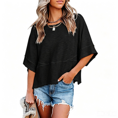 Zyrall Women's Loose-Fit Color-Block T-Shirt with Crew Neck and Elbow-Length Flared Sleeves
