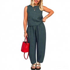 Zyrall Women's Solid-Color/Checkered Loose Casual Sleeveless Tank Top and Trousers Set