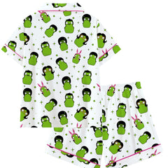 Zyrall Green cartoon milk silk print short-sleeved shorts women‘s pajamas