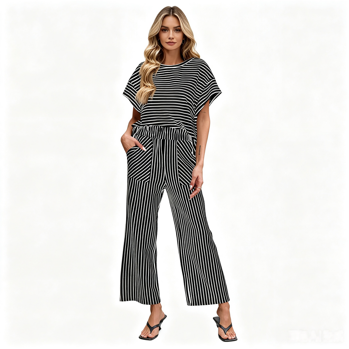 Zyrall Women's Short-Sleeve Striped Crew-Neck T-Shirt and Wide-Leg Pants Two-Piece Set