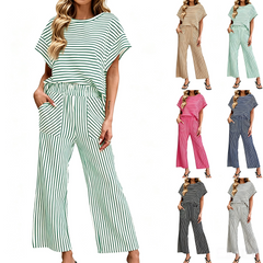 Zyrall Women's Short-Sleeve Striped Crew-Neck T-Shirt and Wide-Leg Pants Two-Piece Set