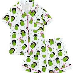 Zyrall Green cartoon milk silk print short-sleeved shorts women‘s pajamas