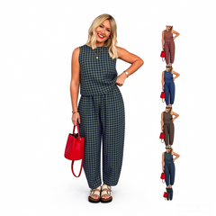 Zyrall Women's Solid-Color/Checkered Loose Casual Sleeveless Tank Top and Trousers Set