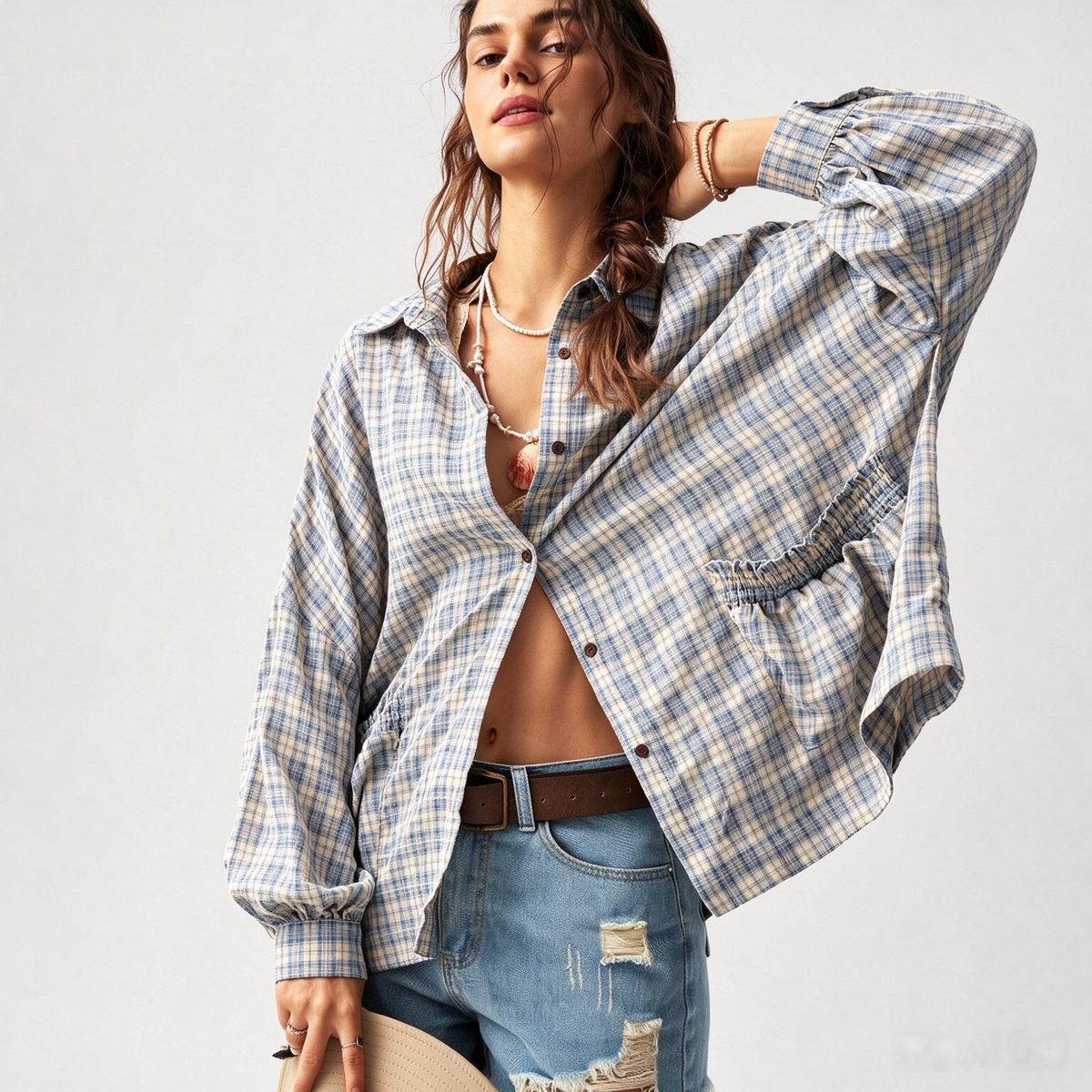 Zyrall Women's Plaid Long-Sleeve Loose Casual Shirt with Pockets