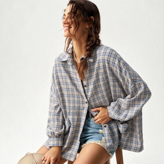 Zyrall Women's Plaid Long-Sleeve Loose Casual Shirt with Pockets